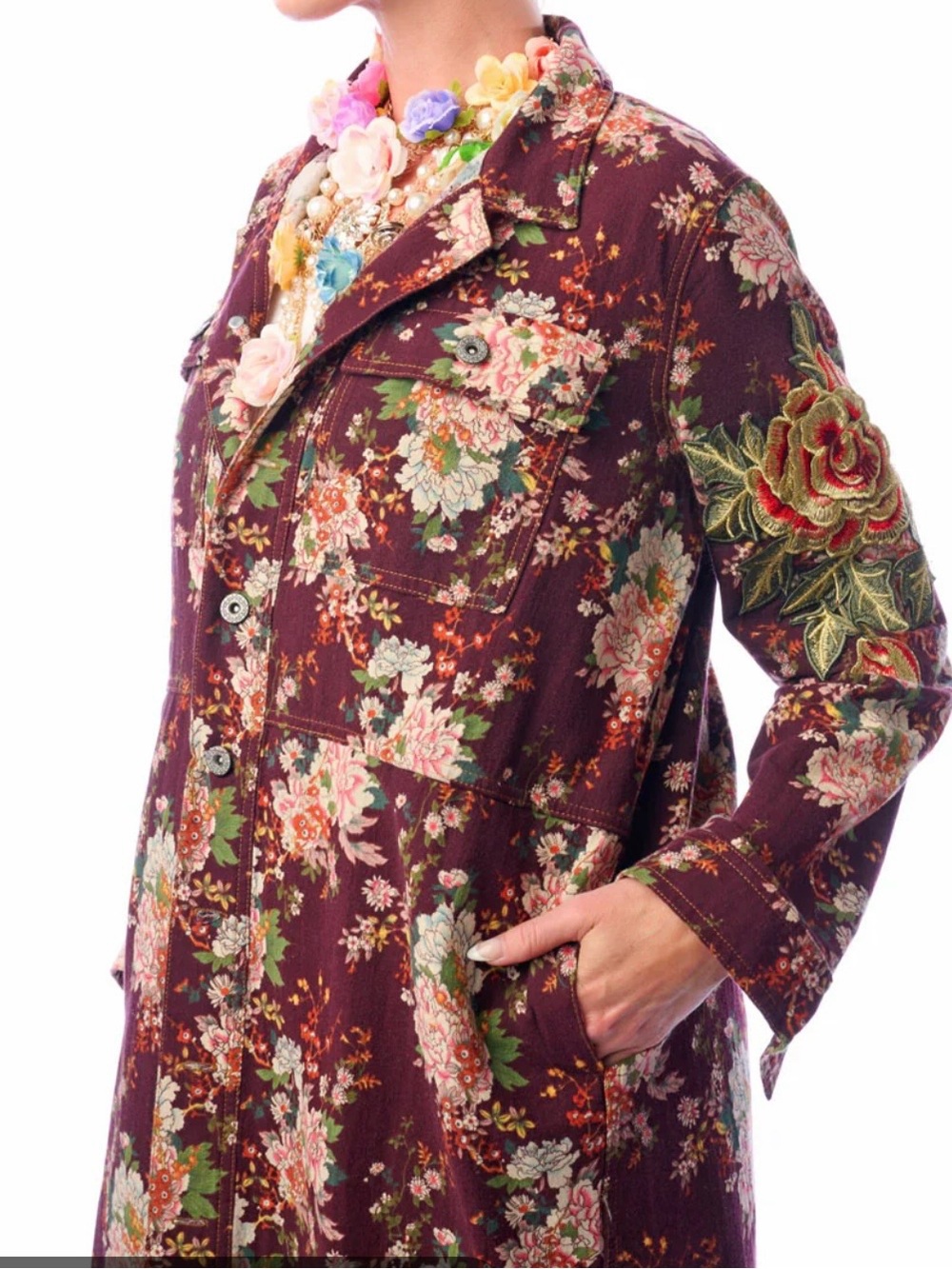 Aratta Silent Journey Floral Burgundy Long Trench Coat - Picture 2 of 13